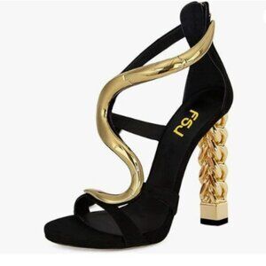 FSJ Women Flower Gold Metal Chain Chunky High Heels Ankle Strap Sandals Black